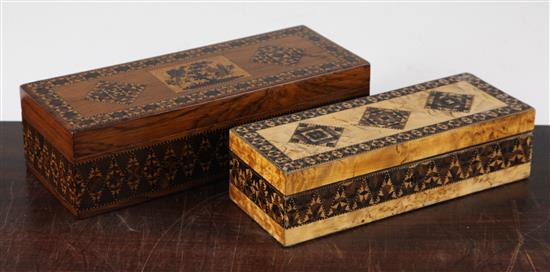 Two Tunbridge ware half square mosaic inlaid rectangular boxes, 9.5in.
